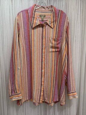 Naturals D&Co Linen Blend Striped Button Front Shirt Women 2X Multicolor Coastal